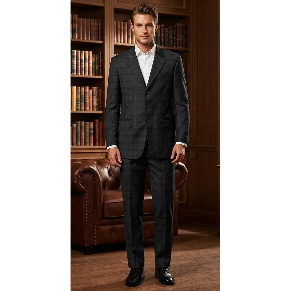 Zacchi Classico Italiana Men's 2pc Suit Grey Windowpane 38R Jacket 33 Pants